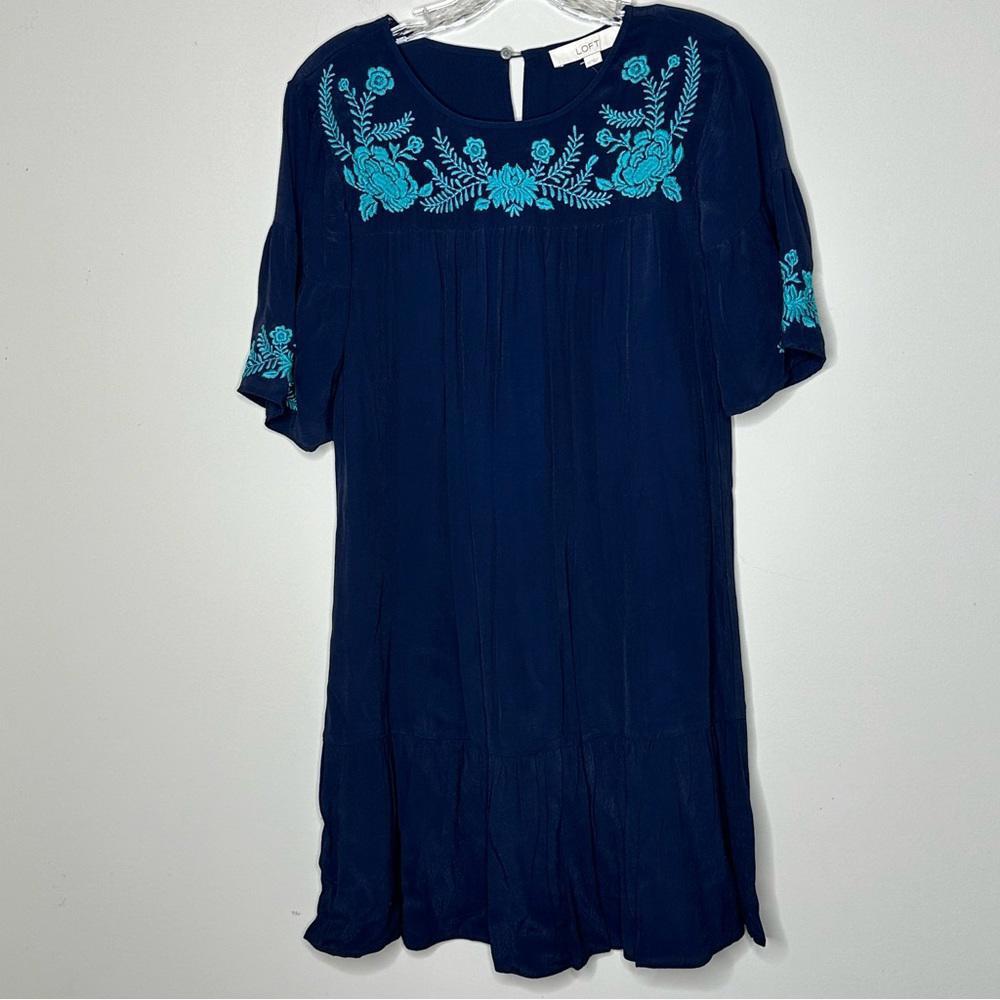 Loft XS NWT Navy Blue Embroidered Dress with Floral Detail
